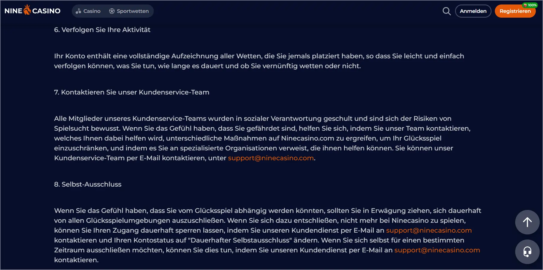 Verantwortungsbewusstes Spielen bei Nine Casino