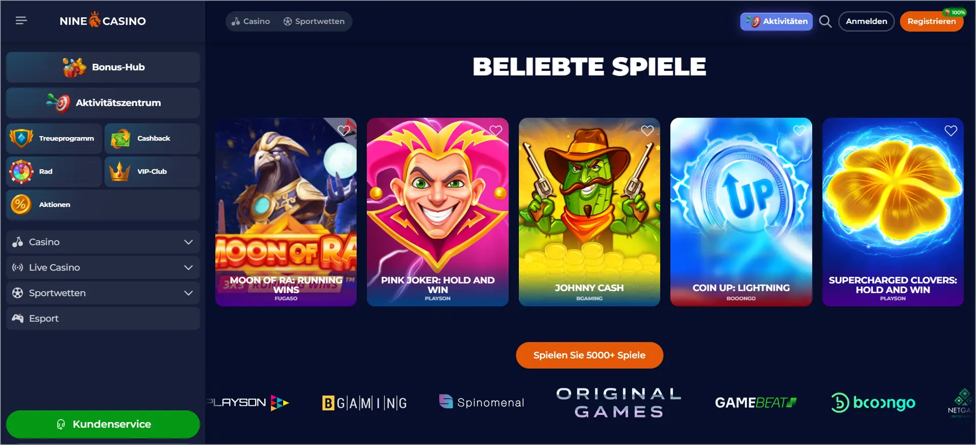 Hauptseite von Nine Casino auf Französisch